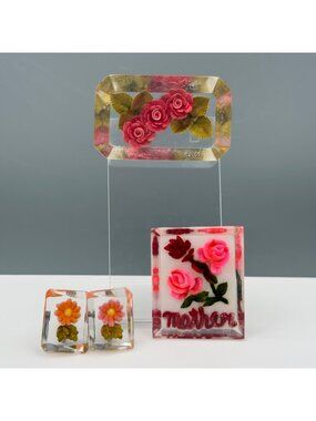 Vintage Reverse Carved Lucite Mother Rose Daisy Brooch Pin Earring Lot